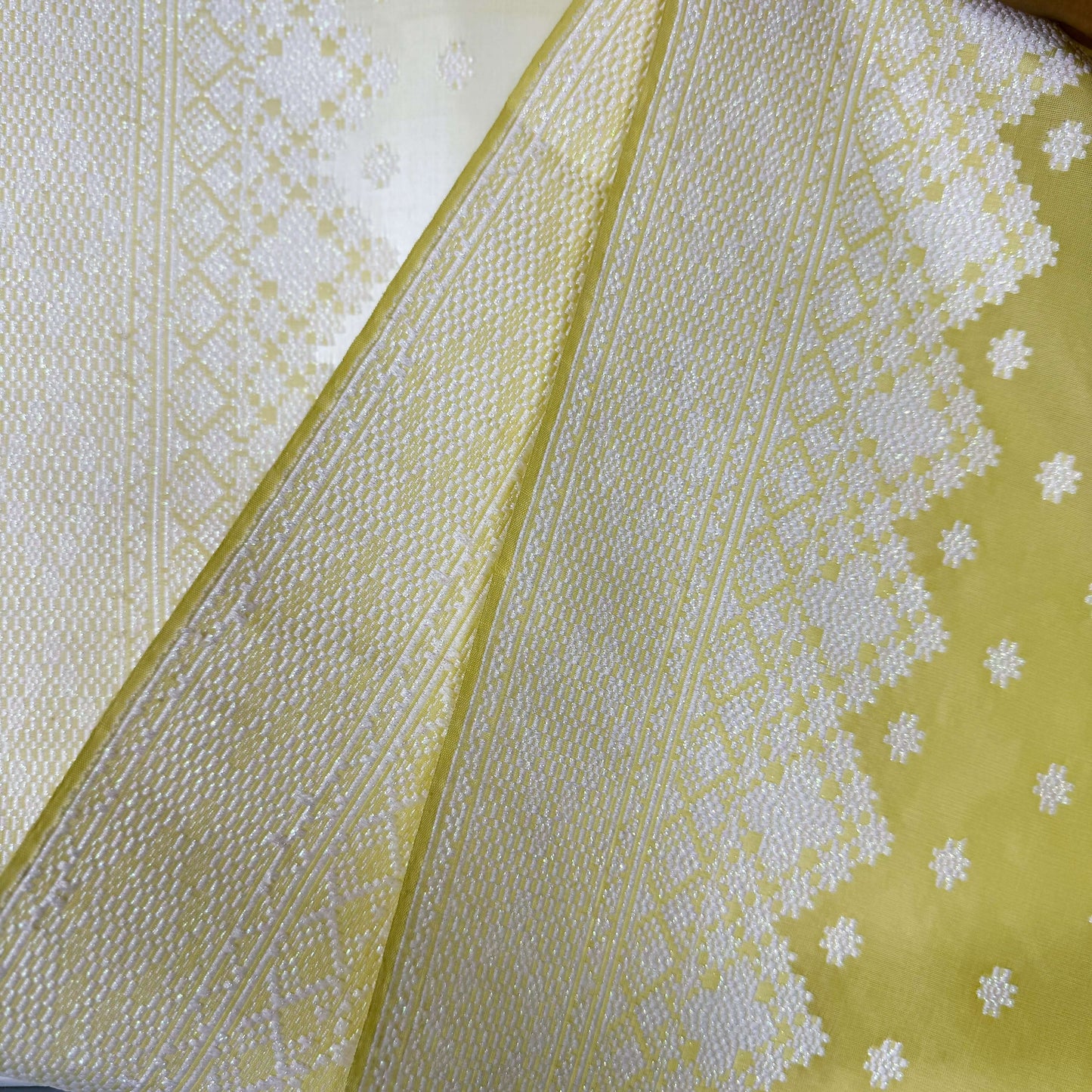 Baju Kurung fabric in lime green handwoven organza silk songket textile ( Set of 3 )