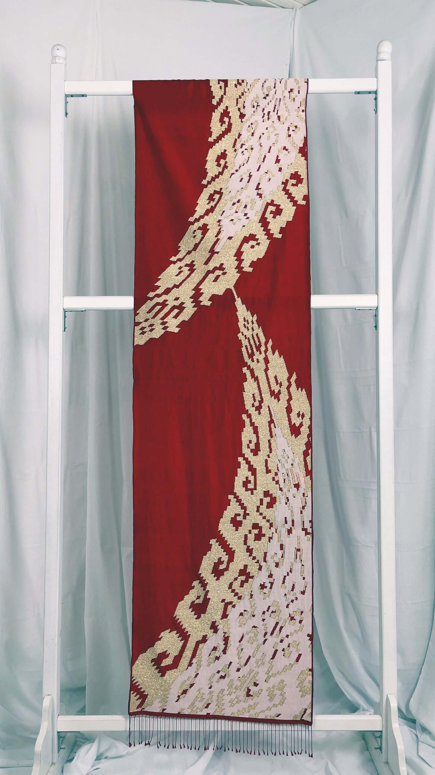 Rebungan Red handwoven silk songket shawl textile