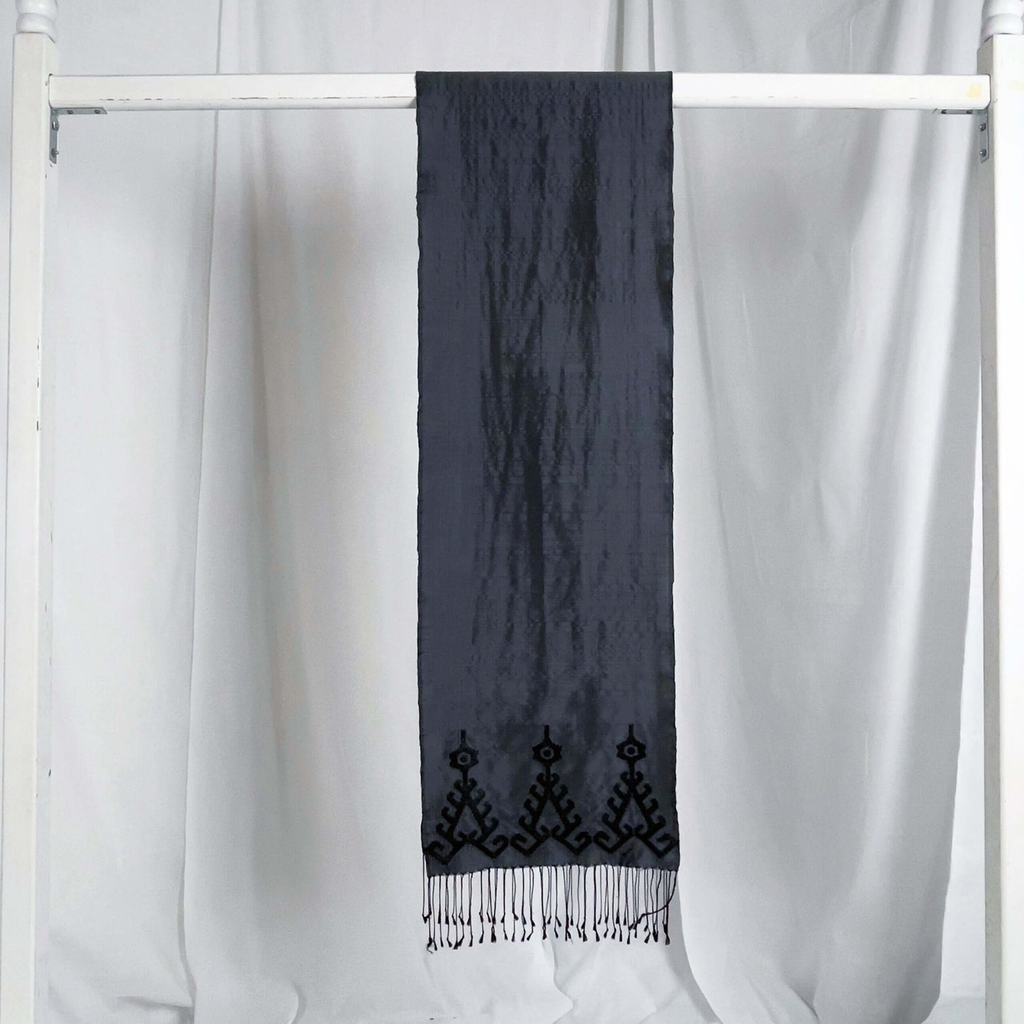 Iban Rebung (Grey) handwoven silk songket shawl textile