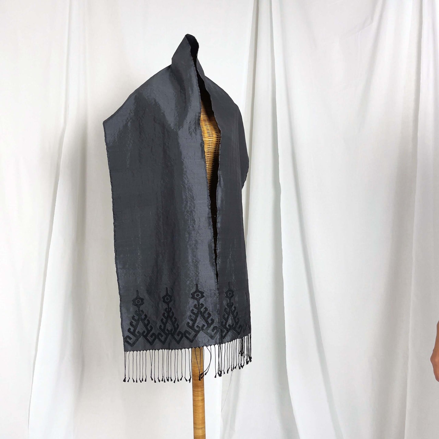 Iban Rebung (Grey) handwoven silk songket shawl textile