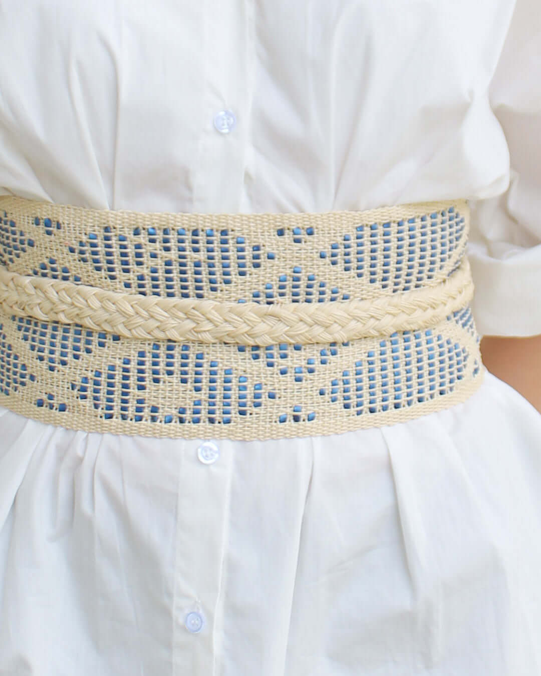 Leatherweave Obi (Cream & Blue)