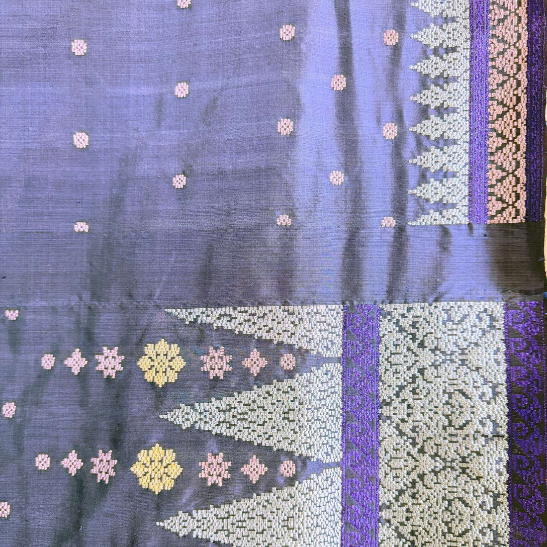 Baju Kurung fabric in Navy Blue handwoven silk songket textile ( Set of 2 )