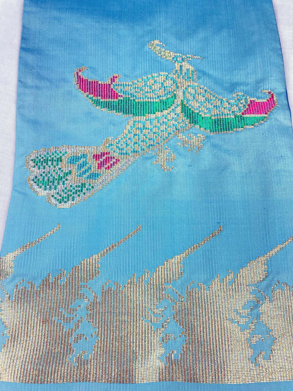 Cenderawasih Baby Blue(Fuchsia) handwoven silk songket shawl textile
