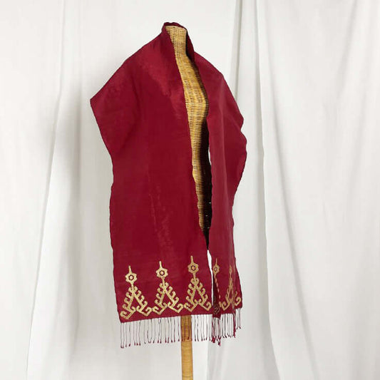 Iban Rebung (Maroon) handwoven silk songket shawl textile