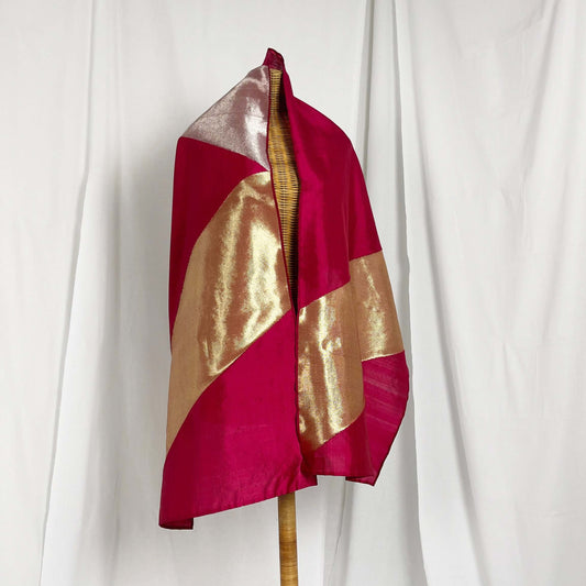 Geometric Triangular Bands (Red) handwoven silk songket shawl textile