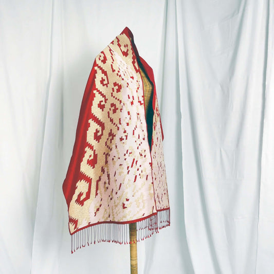 Rebungan Red handwoven silk songket shawl textile