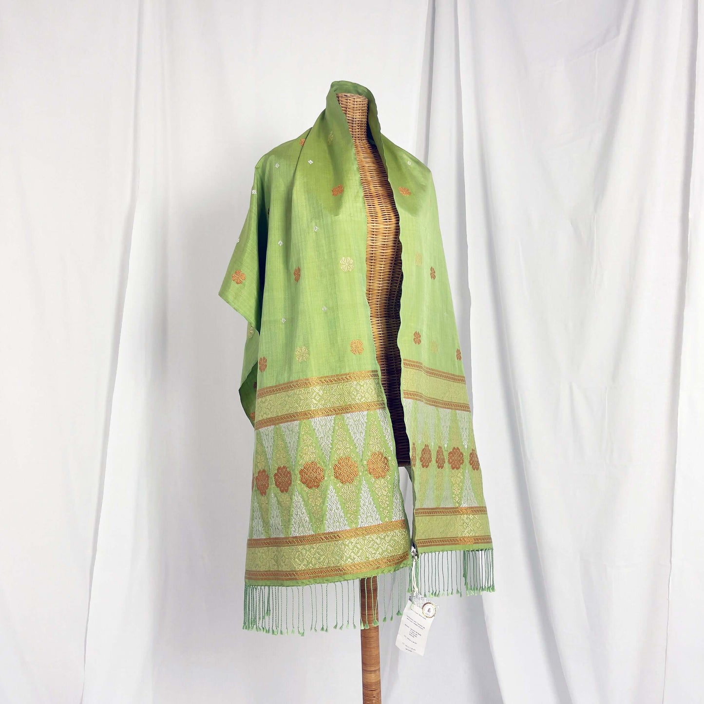 Heart of Borneo (Olive Green) handwoven silk songket shawl textile