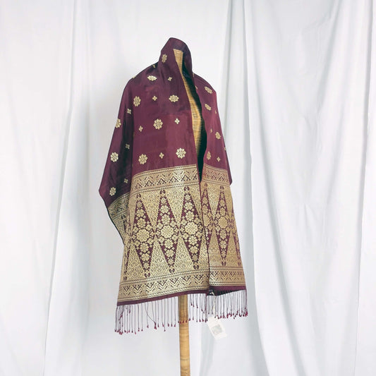 Gemilang (Maroon) handwoven silk songket shawl textile